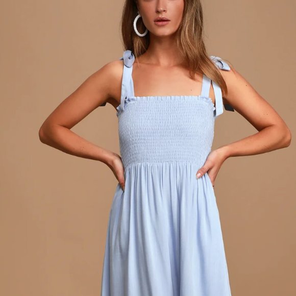 Lulu’s Looking Up Light Blue Smocked Tie-Strap Midi Dress Size XS - Picture 2 of 6
